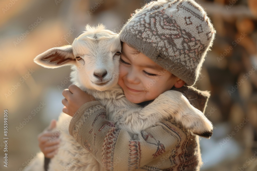 Small child hugging a baby goat against a natural background. Small child hugging a baby goat against a natural background.