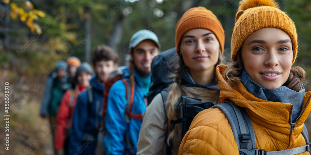 A group of six friends hiking together on a forest trail A group of six friends hiking together on a forest trail