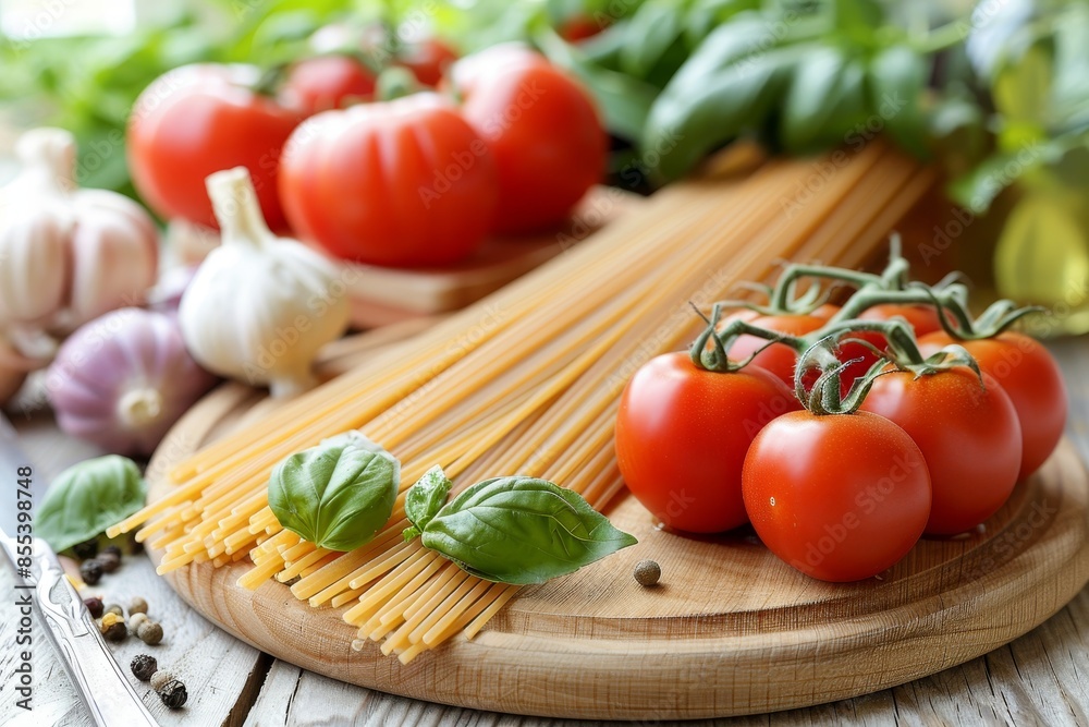 Delicious single serving of fresh tomato and basil spaghetti on white background Delicious single serving of fresh tomato and basil spaghetti on white background