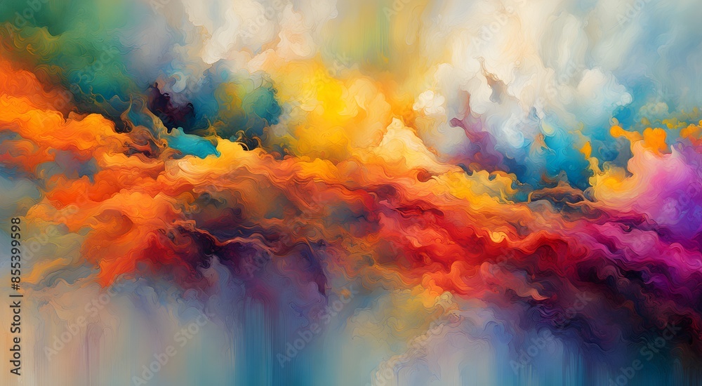 A painting of a colorful cloud with a rainbow in the sky A painting of a colorful cloud with a rainbow in the sky