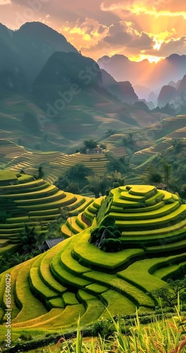 Vietnam rice paddy mountain landscape with sun and golden pink clouds