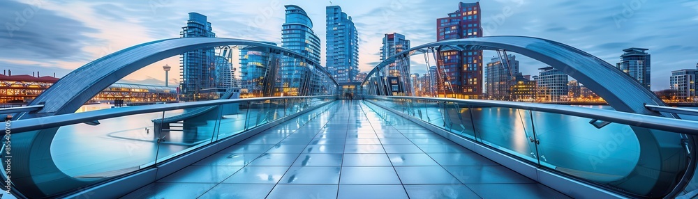 Obraz premium Modern glass bridge, cityscape, dusk lighting, blue tones, futuristic, innovative design