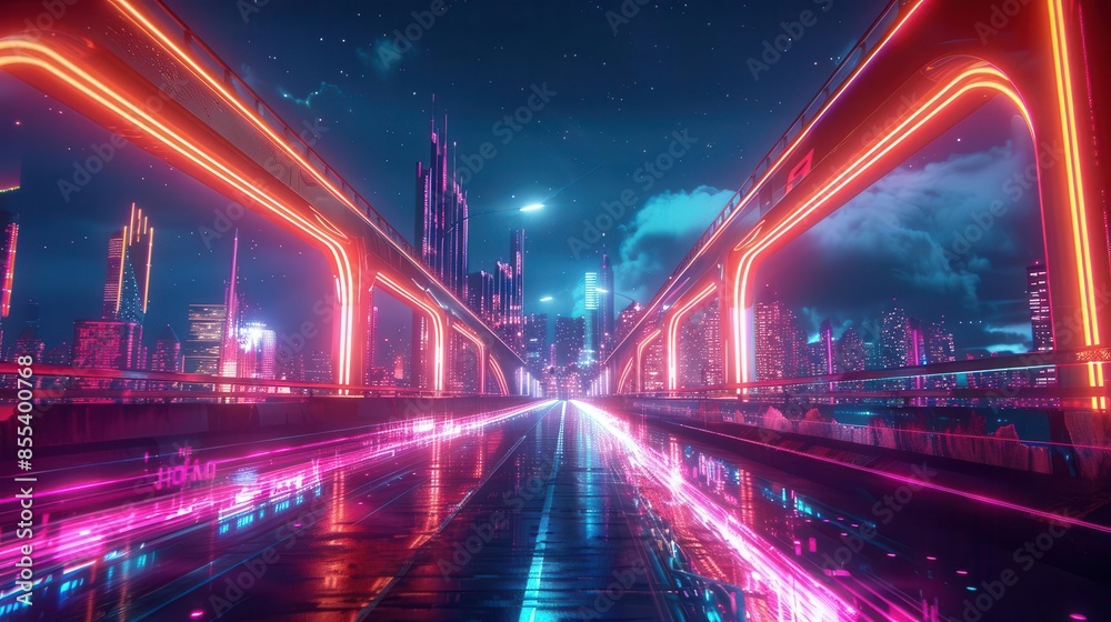 Architectural bridge, futuristic city, holographic effects, night glow, neon colors, sci-fi style Architectural bridge, futuristic city, holographic effects, night glow, neon colors, sci-fi style