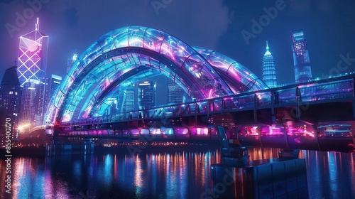 Architectural bridge, futuristic city, holographic effects, night glow, neon colors, sci-fi style © Naput