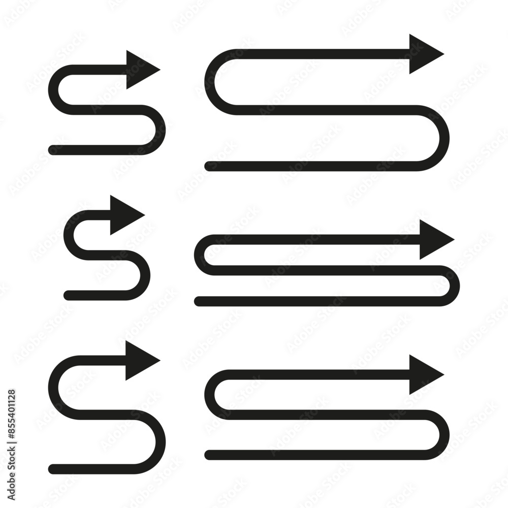 Curved arrow icons. Black and white. Vector direction symbols. Flow and movement. Curved arrow icons. Black and white. Vector direction symbols. Flow and movement.