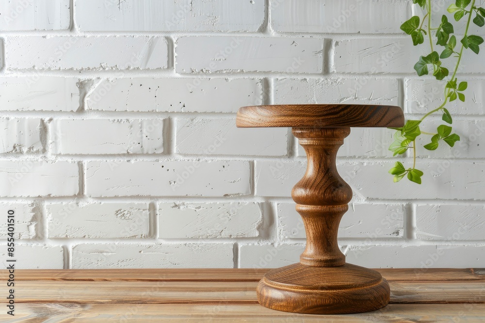 Empty wooden pedestal on kitchen table before white brick wall - generative ai Empty wooden pedestal on kitchen table before white brick wall - generative ai