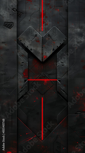 Intricate dark cybernetic panel with red neon lights, featuring geometric patterns and splattered red accents. This detailed design exudes a futuristic, dystopian aesthetic photo