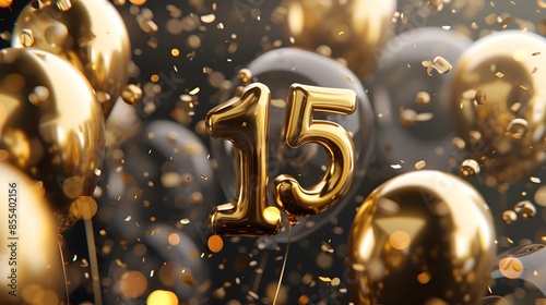 Happy 15th birthday gold foil balloon greeting background. 15 years anniversary logo template- 15th celebrating with confetti. Illustration 3D.
