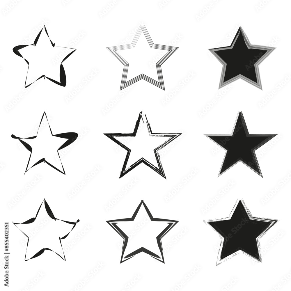 Vector star icons. Black and white. Decorative outline shapes. Distressed and clean. Vector star icons. Black and white. Decorative outline shapes. Distressed and clean.