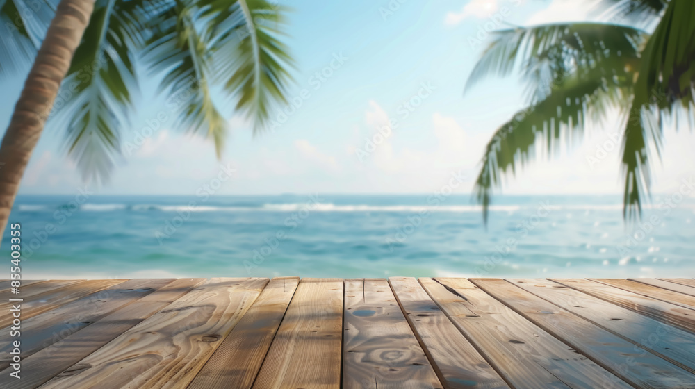 Top of wood table with seascape and palm trees, sea view background Top of wood table with seascape and palm trees, sea view background