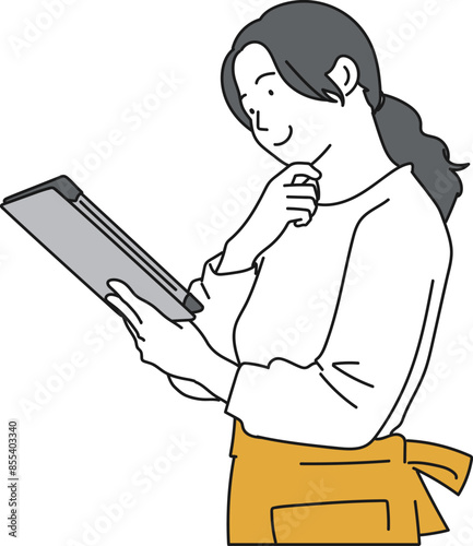 タブレットを見るエプロン姿の女性のシンプルイラスト