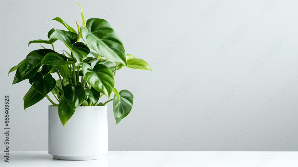 Philodendron plant with dense green leaves in a minimalist white pot, bright white background, Ai generated Images