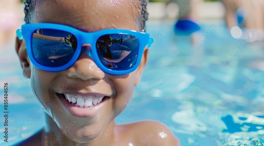 Naklejka premium A young boy wearing blue sunglasses is smiling and splashing in a pool, aquapark or water park