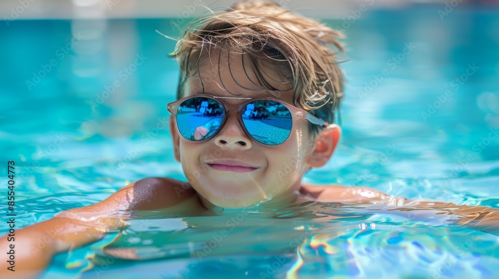Naklejka premium A young boy is in a pool wearing sunglasses and smiling, aquapark or water park