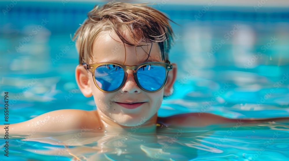 Naklejka premium A young boy is in a pool wearing sunglasses and smiling, aquapark or water park