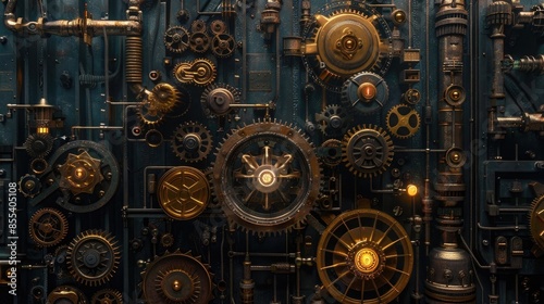 Steampunk industrial background featuring vintage machinery, gears, and clockwork