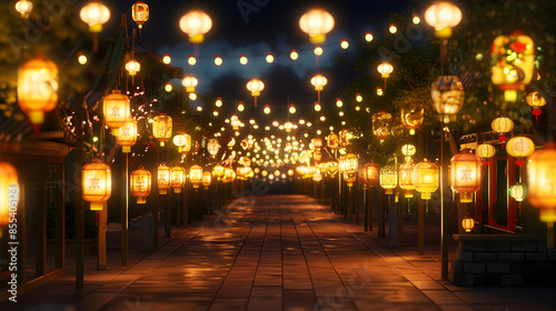 A beautiful night scene of a street with paper lanterns. free photo, night scene, street, paper lanterns, glowing lanterns, beautiful night, enchanting   © umair
