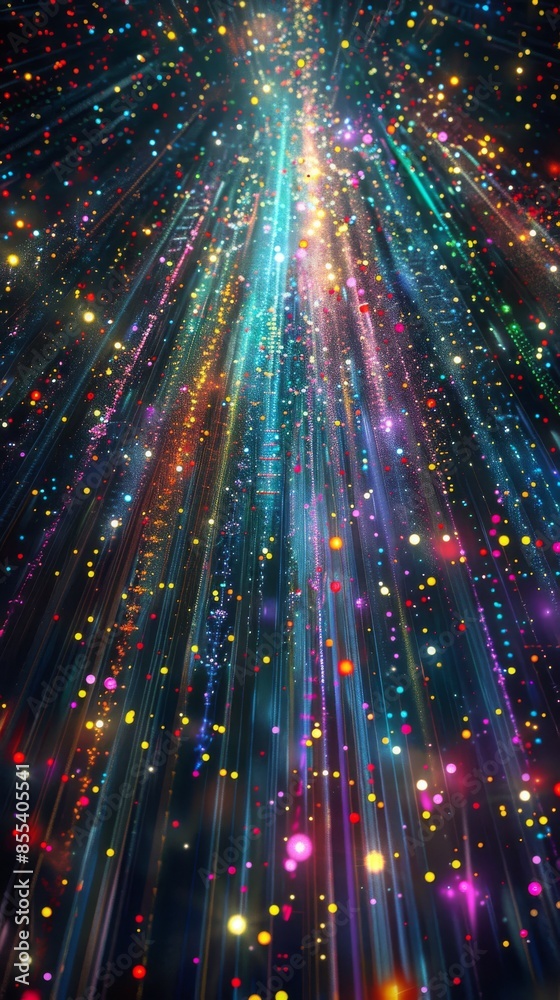 Fototapeta premium Abstract digital light streaks with glowing particles, colorful futuristic background. Technology and data visualization concept