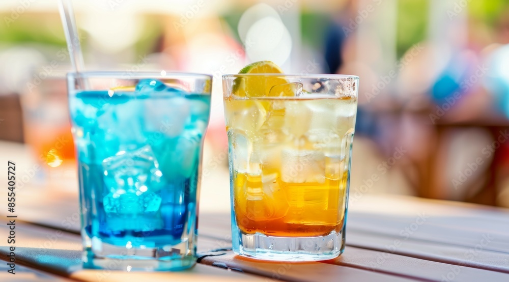 Two glasses of drinks on a table, one is blue and the other is yellow. Tropical summer concept Two glasses of drinks on a table, one is blue and the other is yellow. Tropical summer concept