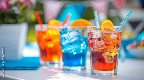 Three colorful drinks are on a table, with one being blue, one being red. Tropical summer concept