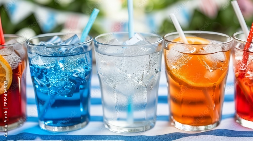 A row of glasses with different colored drinks and straws in them. Tropical summer concept A row of glasses with different colored drinks and straws in them. Tropical summer concept