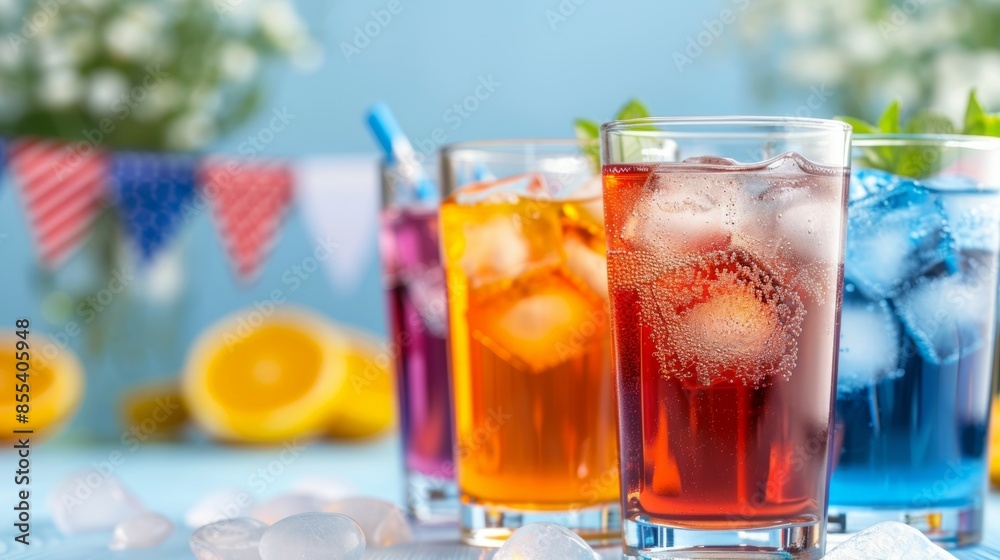 Four different colored drinks in glasses with ice cubes. Tropical summer concept Four different colored drinks in glasses with ice cubes. Tropical summer concept