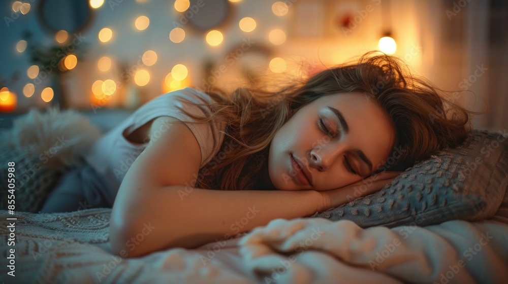 Peaceful Slumber A woman sleeping peacefully on her stomach hugging and embracing a soft plush pillow in the comfort of a cozy well lit bedroom environment The scene exudes a sense of tranquility Peaceful Slumber A woman sleeping peacefully on her stomach hugging and embracing a soft plush pillow in the comfort of a cozy well lit bedroom environment The scene exudes a sense of tranquility