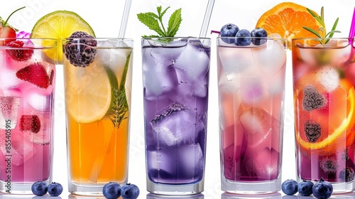 A row of colorful drinks with ice and fruit in them. Tropical summer concept