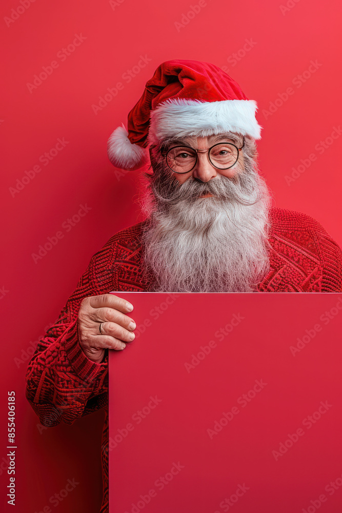 Naklejka premium Cheerful Santa Claus Holding Blank Red Sign for Holiday Messages or Christmas Greetings with Red Background