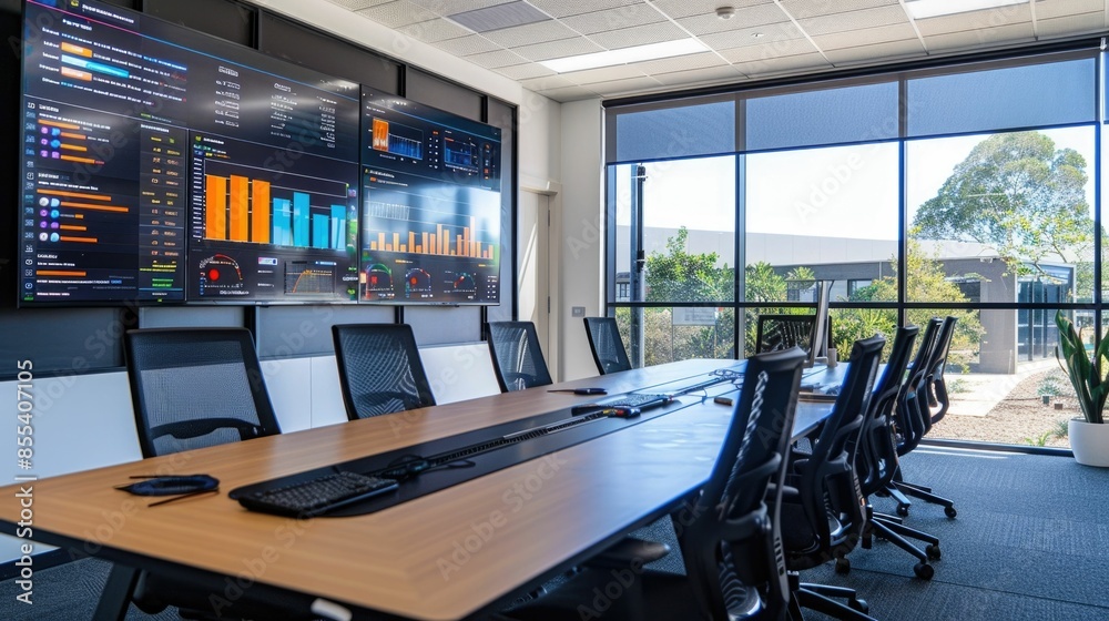 Large analytics dashboard displayed on a prominent screen in a modern well lit meeting room The screen shows various charts graphs and data visualizations Large analytics dashboard displayed on a prominent screen in a modern well lit meeting room The screen shows various charts graphs and data visualizations
