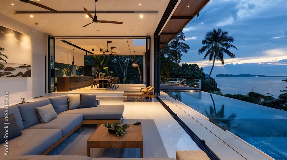 Fototapeta premium Luxury contemporary island villa with infinity pool at sunset with view out to sea.