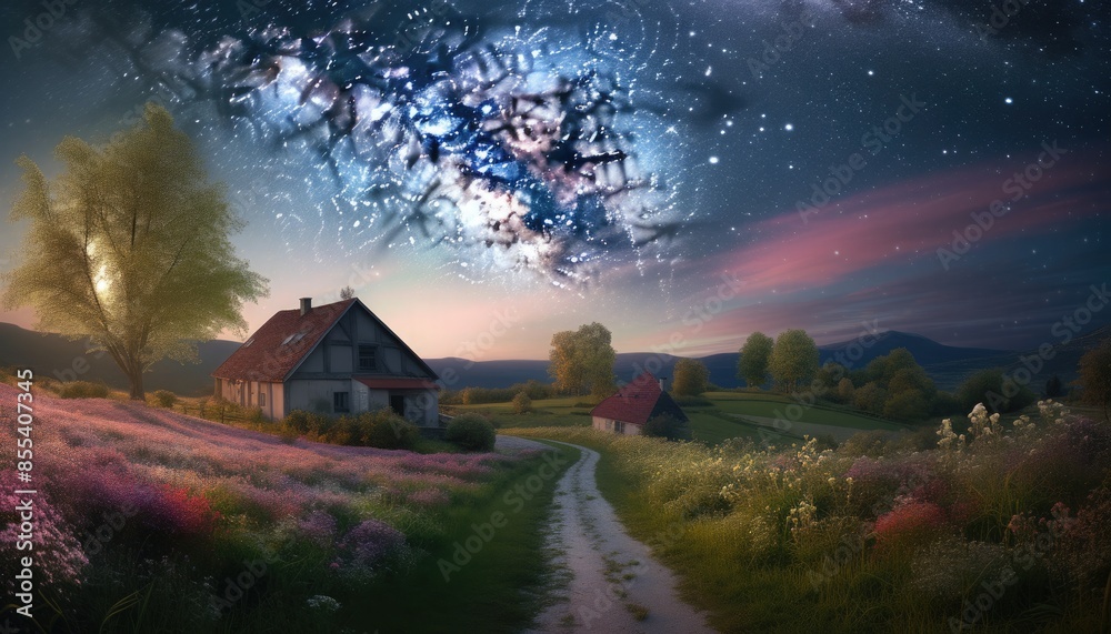 A picturesque village scene under a summer night sky, adorned with the ethereal beauty of the Milky Way galaxy. 🌌🏡✨ Perfect for enjoying the serene charm and natural splendor of a beautiful A picturesque village scene under a summer night sky, adorned with the ethereal beauty of the Milky Way galaxy. 🌌🏡✨ Perfect for enjoying the serene charm and natural splendor of a beautiful