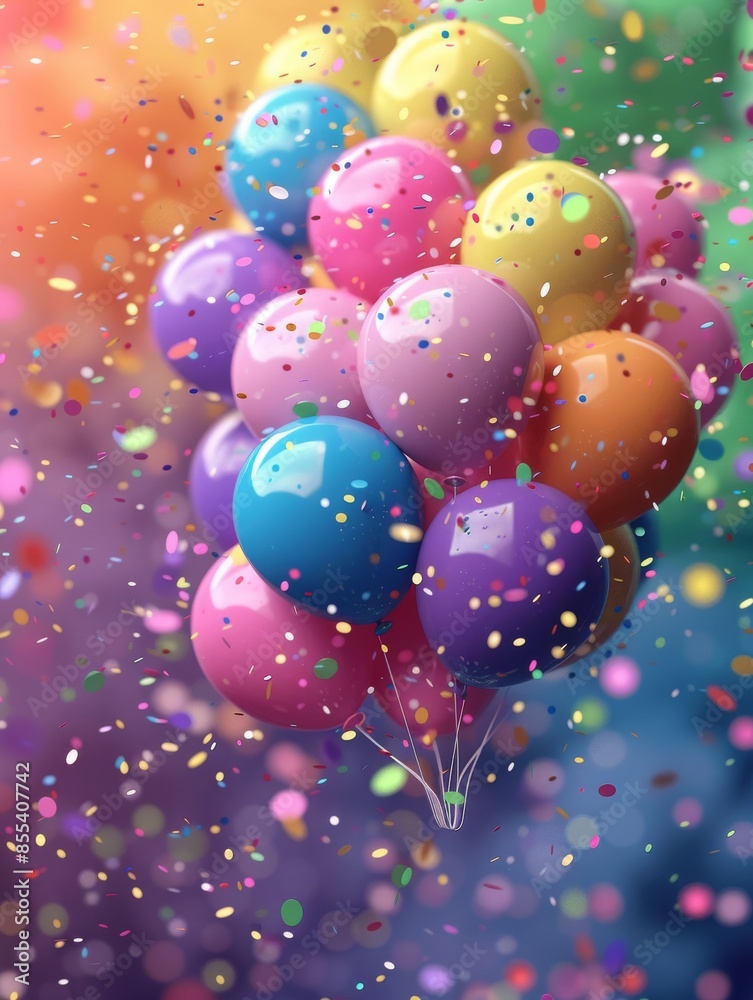 A bunch of colorful rainbow balloons with confetti and a blurred background. A bunch of colorful rainbow balloons with confetti and a blurred background.