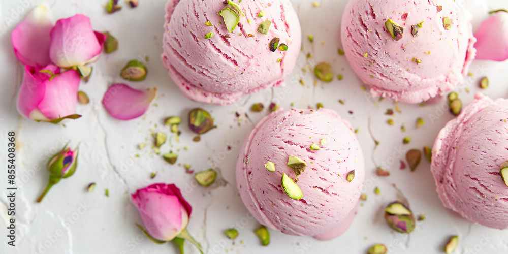 Elegant rose and pistachio ice cream, an image of elegant rose and pistachio ice cream, its pale pink color with green nutty flecks against a white backdrop