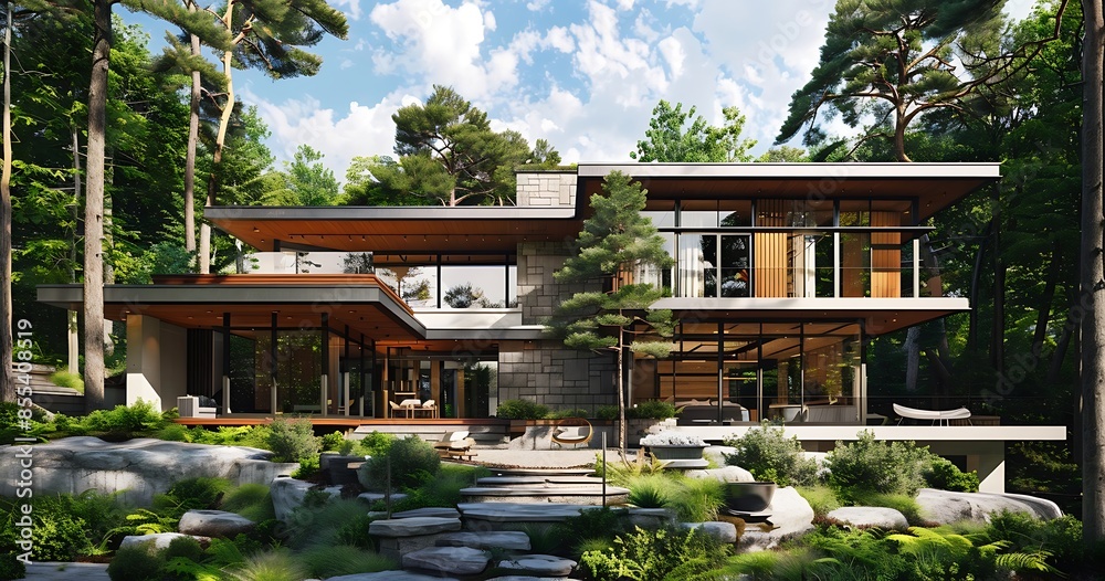 Modern forest residence with terrace and natural surroundings. Architectural design rendering - Generative AI Modern forest residence with terrace and natural surroundings. Architectural design rendering - Generative AI