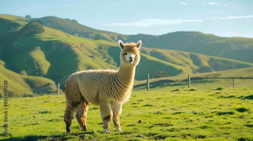 Fototapeta premium Fluffy Alpaca in Green Pasture - Generative AI