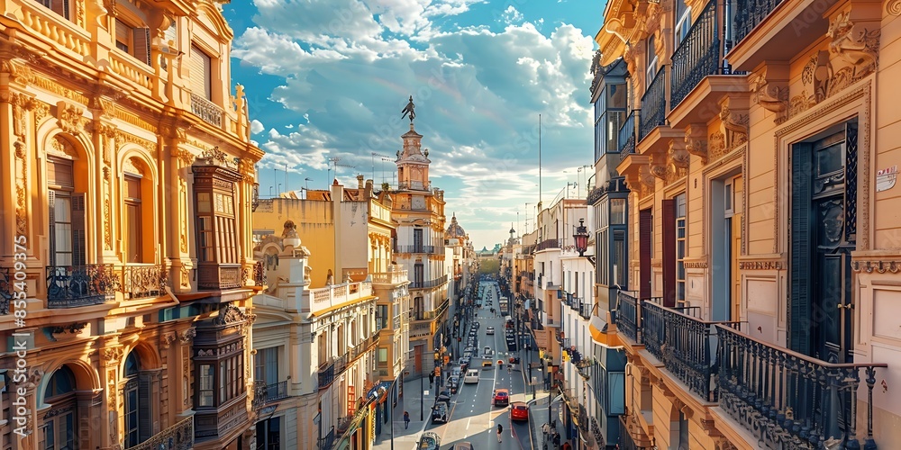 Fototapeta premium Plaza del Ayuntamiento Square with Historic Buildings on a Sunny Day, Valencia, Spain