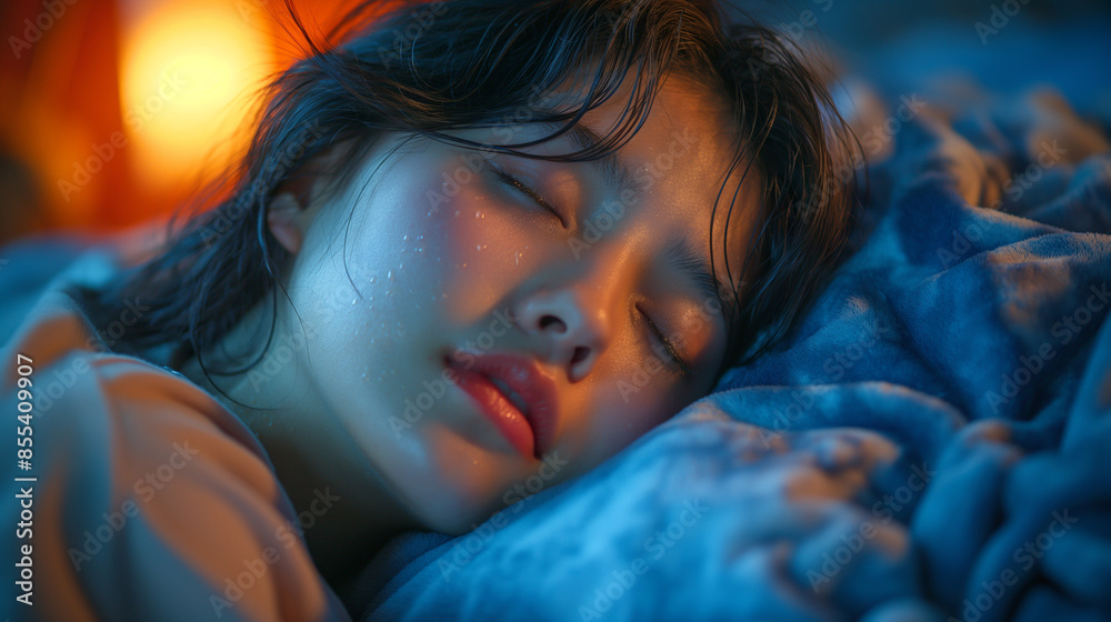 汗をかいて寝苦しそうな女性 汗をかいて寝苦しそうな女性