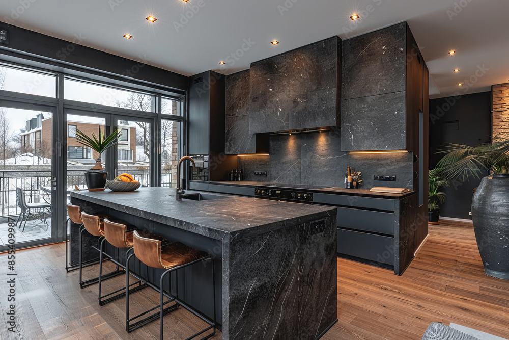 Obraz premium Minimalistic Dark Grey Kitchen Interior