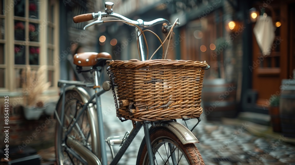 Fototapeta premium Vintage Bicycle: Capture a close-up of a classic bicycle with a wicker basket, focusing on the metal frame and old-fashioned design.