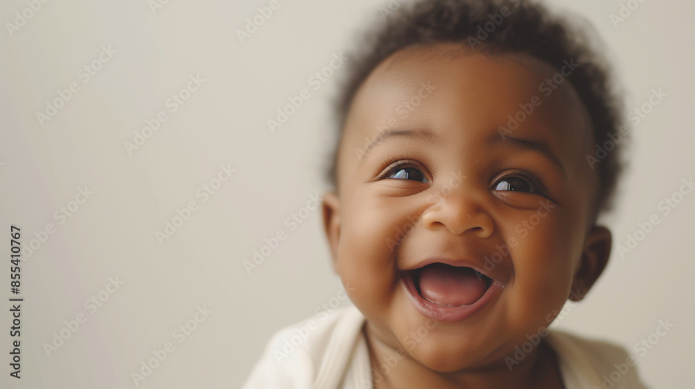 Close-up natural baby expressions with copy space, a close-up image of a baby with a joyful expression, set against a white or cream background Close-up natural baby expressions with copy space, a close-up image of a baby with a joyful expression, set against a white or cream background