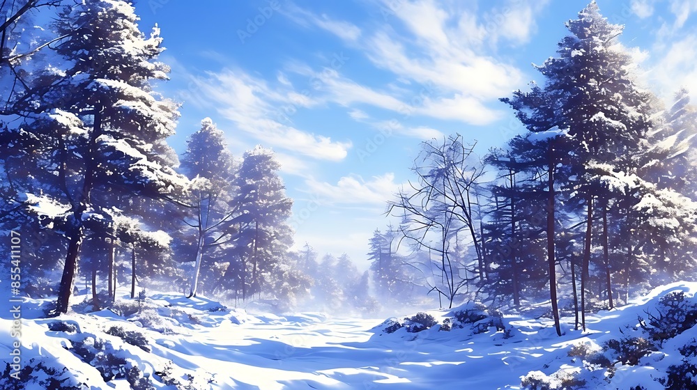 snow - covered pine forest with tall trees under a white and blue sky ...