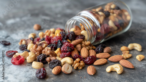 Glass jar lying on side spilling nuts and dried berries on gray background