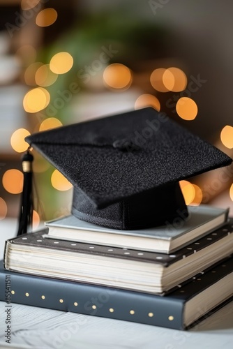 Black graduation cap on white books amid celebratory confetti for a balanced and elegant display