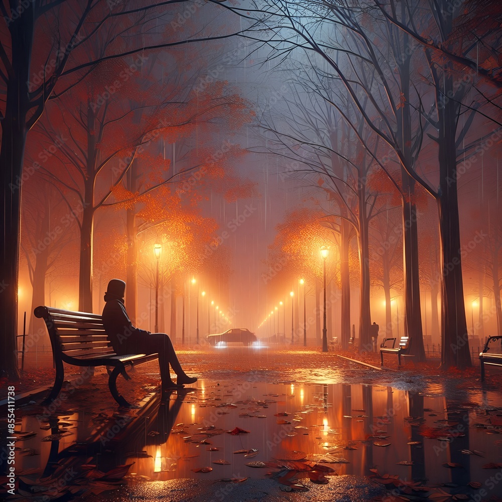 Fototapeta premium Man Sitting Alone on Bench in Foggy City with Amber City Lights at Night, Depression Themed