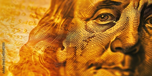 Benjamin Franklin: Close-up textured engraving of Benjamin Franklin's face in gradient orange to yellow on American dollar bill