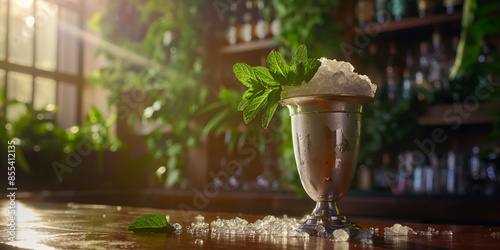 An artistic image of an herbal mint julep, presented in a traditional silver cup filled with crushed ice and fresh mint leaves