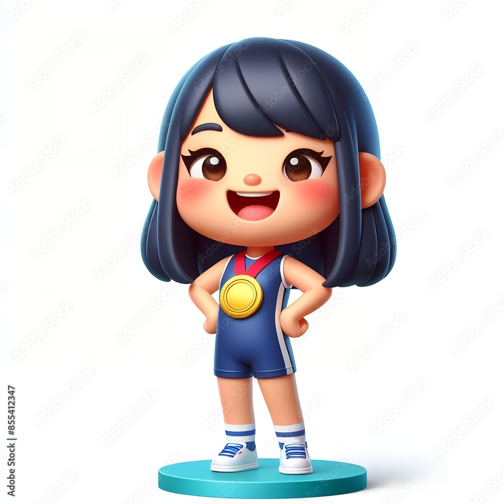 Cute Chibi Athletic Girl Standing on Podium with Gold Medal Cute Chibi Athletic Girl Standing on Podium with Gold Medal