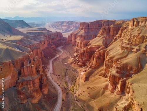 Aerial view of the Sharyn Canyon with its striking red cliffs and deep gorges in Kazakhstan   photo