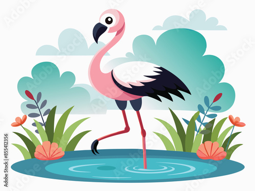 a joyful  flamingo standing in a pond D.eps